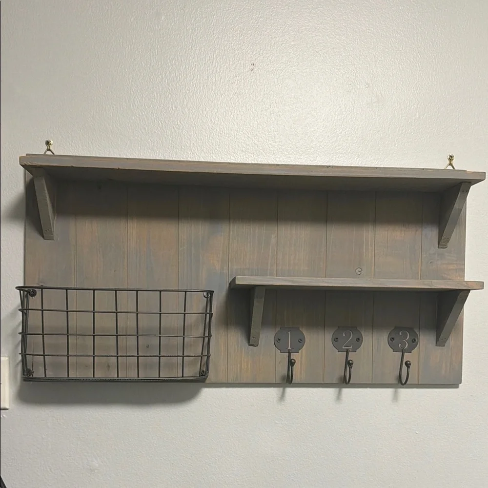 Rustic Wall Shelf with Hooks and Basket